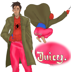 sugarandmemories:  “Everything is the same, except Peter B Parker wears Juicy Couture sweats instead of gray ones. Yes, JUICY is printed on the butt in bedazzled gold lettering.” -My great friend Alison 