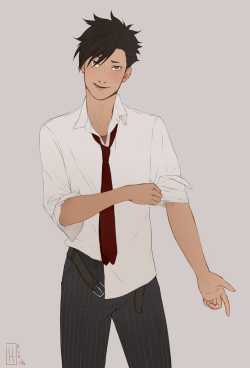 hachidraws:    “You left me some dinner in the fridge? awwh sweet“   (Kuroo in a suit? kuroo in a suit)   