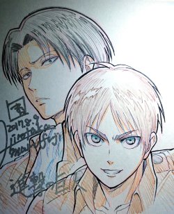 fuku-shuu:   SnK News: Animation Director Hirokata Marufuji Shares Sketches of Eren &amp; Levi  SnK Season 2 animation director (For episodes 34-36) Hirokata Marufuji shared his colored paper illustrations of Eren and Levi! Update (August 11th, 2017): Hir
