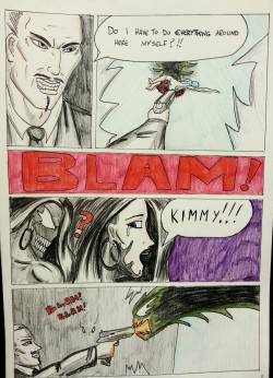 Kate Five vs Symbiote comic Page 104  Ohmega Man shooting at an unconscious Kimberly? What an a-hole! Balthus is on the case! And he looks pissed!