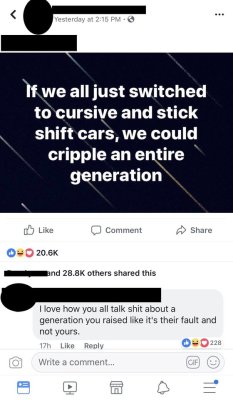 moxperidot: evodevo-geekmonkey:  babyboomerbullshit: commenter has a point I mean, the same thing would happen to their generation if we reverted back to Latin and horses, but go on.    “peoples lives would be worse off without recent improvements