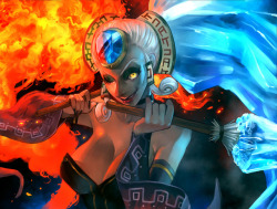 nintendocafe: Koume and Kotake, collectively known as Twinrova,  are a recurring pair of Gerudo twin witches in The Legend of Zelda  series. They are also known as the Sorceress of Flame and the Sorceress  of Ice, respectively. Art by E 雄紀人 