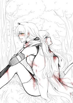 noiresplendence:  Cause I wanted to draw Blake crying…and someone triggered my want for angst. Let’s just say they were supposed to go back and ask for medical aid when Weiss asked to stop for a moment…cause she wanted to take a rest because she