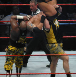 rwfan11:  Batista and The Dudleys- nothing like getting your prostate checked on your way down from a 3-D! …now I think Bubba is over stepping just a little here! :-) …..Devon said &ldquo;Get the tables!&rdquo; ….not &ldquo;Grab the ballsac!&rdquo;