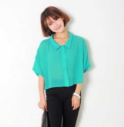 Semi-Sheer Cropped Button-Down Shirt by Yubsshop