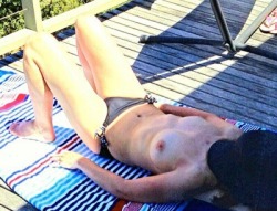 juicywife:  I love sunbathing topless or naked when I know people can see me. I get very wet fantasising about strangers walking in on me holding me down and using me as there personal cum slut to gangbang and rape, leaving me in the sun drenched in cum.