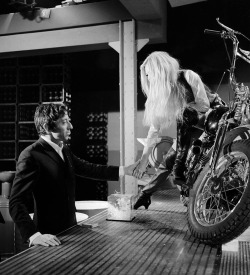 isabelcostasixties:  Brigitte Bardot on one Harley Davidson and Serge Gainsbourg for the direction of his song “Harley Davidson” during the broadcast Show realized by Francois Reichenbach. Photos by Jean Adda. Paris, November 4, 1967.