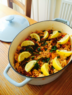 heartoutofhand:  My main course for tonight which I’ve just spent over an hour making - chicken and chorizo paella!  Wow that looks amazing I bet it&rsquo;s going to be very yummy :).