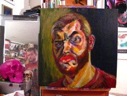 Self-portrait process by Matt Bernson.    Acrylic on canvas,  20&quot;x20&quot; The one on the top is the most recent.   I&rsquo;ve found the best way to &ldquo;fix&rdquo; something is to make drastic changes.   That&rsquo;s why it looks like I&rsquo;m