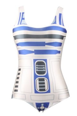 wickedclothes:  R2D2 Swimsuit“R2D2, where are you?” Probably hanging out by the pool. After all, he did take a dip when Luke entered the Dagobah system. Geeks who see you will be envious of your newest swimwear. Sold on Amazon at a bargain price.
