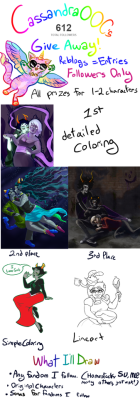 cassandraooc: cassandraooc:  Hey Guys! It’s that time again! (And yes I totally just reused most of the old one because I have other stuff I want to work on too &gt;&gt; &lt;&lt;) This time I’m only doing the 3 prizes, but they’re all 1-2 characters