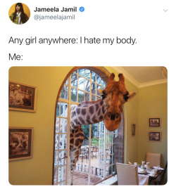 alternative-approachtochronology:  [Image ID: A series of two tweets by Jameela Jamil  (@)jameelajamil on twitter:First tweet:“Any girl anywhere: I hate my body.Me: (an image of a giraffe leaning their head inside an open large archway glass door into