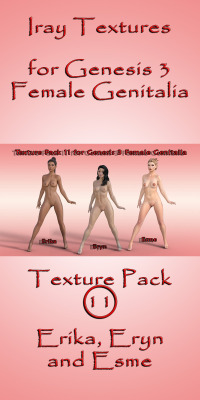  Textures for: Erika, Eryn and Esme.  Now your character is complete!!  With these new textures, you can use the GENESIS 3 FEMALE GENITALIA with your character in a simple and easy way! Ready For Daz Studio 4.8 and up! Iray Texture Pack 11 For G3F Genital