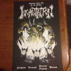 pizzapartydudes:  Add some metallic #gold and we got ourself a poster! We will have them for sale at the show for ฟ.  Hand numbered and signed by Jimmy Giegerich. #pizzapartyprinting #incantation #archeron #deceased #visceraldisgorge #noisem #ottobar