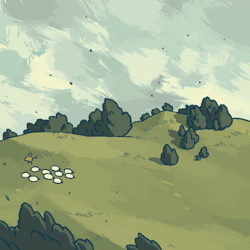 gnomevi: lukasz-buda: ≈ Sheep fighting against the storm to get home. ≈  [image description: a digitally drawn gif from far away of rolling green hills and triangle-shaped trees that are blowing heavily in the wind. on the left side of the gif is