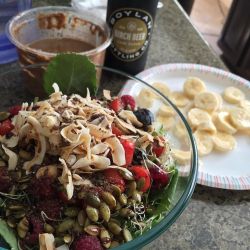 Bomb ass #vegan lunch💜 Kale salad, alfalfa sprouts, raspberries, cherry tomatoes, blueberries, pumpkin seeds, flax, chia, toasted coconut, dark chocolate balsamic, blood orange olive oil. Bananas &amp; no sugar/no salt almond butter💜🍌 by realnicoleaniston