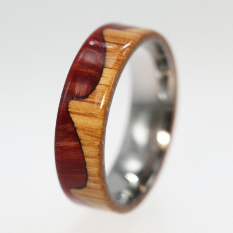 Two Tone Wood Band, Titanium Wave Wood Ring, Ring Armor Included rings
