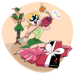 nickromancer21: “HOLY-CRAP!  I LOVE IT!!!” Oliver Queen giving a special gift to Harley Quinn (or possibly Harley GREEN, or Harley QUEEN) This was a REALLY fun drawing to do.  I love the idea of these two together.  Their little stint in the Injustice