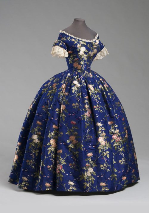 victorian era victorian fashion 1850s royal blue fashion history evening  gown cobalt blue 1850s fashion Dress history victorian evening gown satin  brocade ephemeral-elegance •