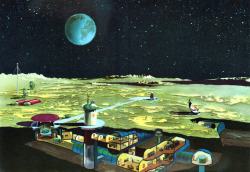&ldquo;Research Station on the Moon&rdquo; illustrated by Eberhard and Elfriede Binder-Staßfurt.  Published in Space-to-earth man: A compilation of historical development of nature and society, edition #20, 1972.  The main station, complete with