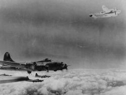 ww1ww2photosfilms:   On an escort mission for these 15th AF B-17s over Germany this  P-38 was hit by flak, the pilot subsequently feathered the prop and  stuck with a group of bombers for protection.  