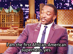 retrogradeworks:  elizabethplaid:  incognitomoustache:  saintbucky:  Anthony Mackie being the first black superhero (and making Bill O’Reilly uncomfortable) on Jimmy Fallon (x)  I am so happy that Anthony Mackie is a person that exists. For anyone who’s