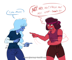 leonarajourney:  Ruby is VERY ticklish on the sides and Sapphire knows that. (yet she stops almost immediately because she knows it’s kind of uncomfortable for Ruby, but two or three pokes never hurt anyone!) 