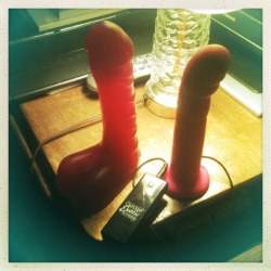 kinkylesbians:  My two dicks w/o their respective harnesses. I use the one that vibrates to massage my clit when I masturbate. It’s lovely.  Now that&rsquo;s something we should bring to play