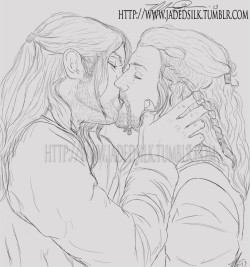 jadedsilk:  Sketch request for: http://www.eowynsmusings.tumblr.com/She wanted a sweet and awkward first kiss between Fili and Kili. Here you go dear &lt;3It is REALLY difficult to foreshorten Kili at this angle. All I can is that I tried &lt;3 I have