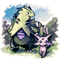 nokocchi:  I got to draw more cute pokemon for a commission! A happy tyranitar and their laid back espeon friend~ 
