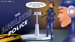 Here, by  request of ‘sissiesdreamofcock’: “The Ejaculation Police”. Click thru for the original blogger blog. It has 2 intro panels depicting the guy in yellow’s criminal loss of control. This artist also has a tumblr blog: here. I’ve enjoyed
