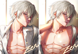 dolcierose:  A3&amp;A4 Mystic Messenger - Zen/Hyun RyuPreventing myself to use his body as my frying pan to cook eggs, hotdogs and bacons! hahahaha Do not use, edit, claim, repost without my permission. character belongs to cheritz