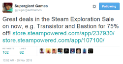 fuckyeahsupergiant:  Sorry for these late posts, but the games are still on sale!Get Bastion on Steam for ū.74Get Transistor on Steam for Ŭ.99 (+ost for ů.49)Get Transistor for iPod/iPad for Ū.99
