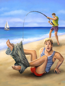 paulrichmondstudio:  Catch of the Day, oil painting by Paul RichmondIt was just another casual beachside stroll for our Cheesecake Boy hunk, until his shorts got snagged by a fisherman’s hook! Onlookers must suspect something fishy is going on as our