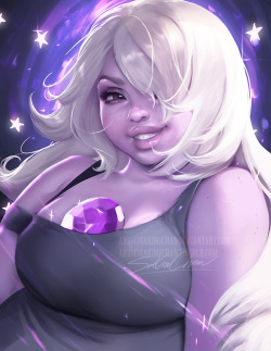 sakimichan:   yes got some down time to paint the awesome amethyst from Steven Universe. She’s my fav out of all the girls in terms of color and design &lt;3   
