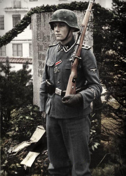 fuehrerbefehl:  Colorized photo of an SS-Scharfuhrer on guard at the SS Schule-Tolz 