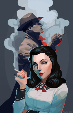 viivus:  I wanted to make my own Burial at Sea inspired poster, but with Elizabeth at the front. The Booker and Elizabeth only versions with the hidden bird/cage were a thing I came up with while I was working on it, which I hope is a fun addition. Also