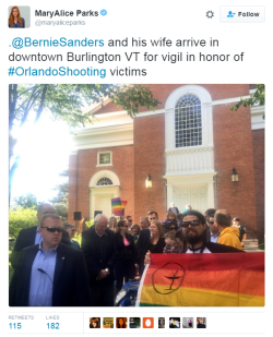 nevaehtyler:  Bernie Sanders Joined Burlington Vigil To Honor Orlando Victims The vigil at the First Unitarian Univeralist Society on Pearl Street in Burlington, Vermont, reached its culmination when Democratic presidential candidate Bernie Sanders urged