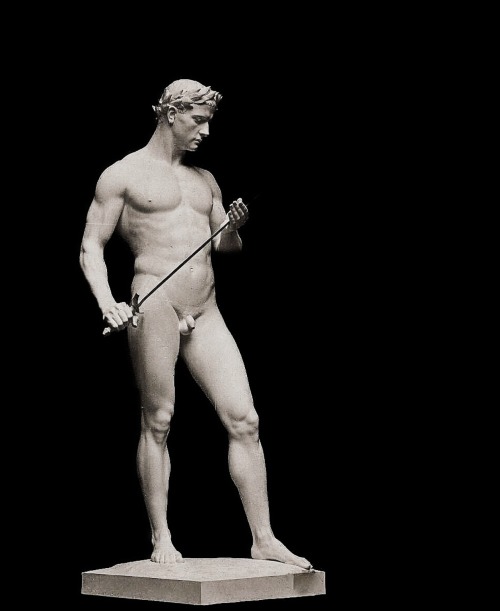 hadrian6:  Male Nude Examining a Sword. c.1900. Fritz Heinemann German 1864-1932. plaster.    http://hadrian6.tumblr.com