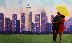 nidhiart:  seattle rain - we are headed to seattle at the end of this month for emerald city comicon (booth #607) and i’m getting excited. one of my favorite things is seeing the skyline as we drive in. ^_^ 