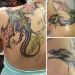 Finally! The finished product💜💚 #tattoo #dragon #purple #green #maleficent #ink #art #rawr #firecomingsoon