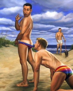 gay-erotic-art:  men-in-art:  Beach BumPaul Richmond2014   Autumn has arrived and we say goodbye to summer and all that comes with it. Many gay artists, photographers and painters, use the beach as their setting to great effect. For the next few days