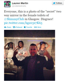 usedtobeoneoftherottenoness:  imawanchor:  hazelandglasz:  durnesque-esque:  thehippiejew:  extrafeisty:  jaycubs:   A Glasgow nightclub has installed a two-way mirror which allows male revellers in private booths to spy on unsuspecting women as they