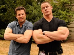 ufcblackbelt:  You know, if he wasn’t next to a professional wrestler who has to body build for his sport, his arms aren’t actually half bad.   What would life be without a little James Roday?  Damn John those arms are freaking huge!