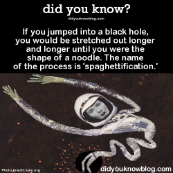did-you-kno:  If you jumped into a black hole, you would be stretched out longer and longer until you were the shape of a noodle. The name of the process is ‘spaghettification.’  Source