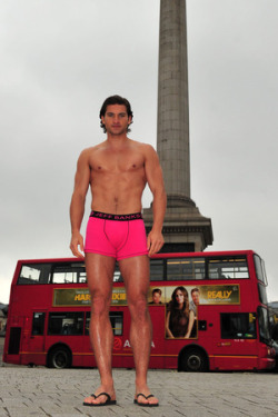 thecelebarchive:  Jeff Banks launched his pink pants in front of Nelson’s Column, Trafalgar Square with the help of hunk, Jay Conroy modeling the underwear and sporting his support for Debenhams’ breast cancer initiative ‘Think Pink.’ May 22,