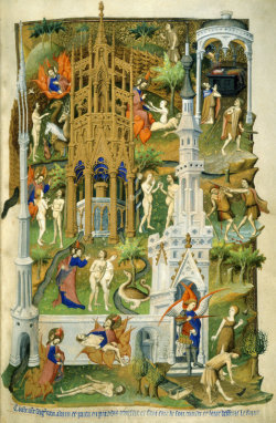pmikos:  About  This illustration of the Fall of Man is from the Bedford Hours. In the bottom left corner God brings Adam to the Garden of Eden. The top left corner shows Adam naming the animals, and to the right of this Eve is created from Adam’s rib
