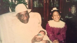blackgeologist:  I like how people talk about slavery as if it was something that happened 5000000 years ago. This is my great papa he was born I think in July of 1900. That’s my auntie laughing and that’s him holding me. His parents were slaves.