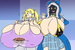 graphiteknight:  colossalkenj:  Birthday Pic for @graphiteknight lass gets to have her cake and ????? it too  It’s always great to see Otome at her unwrapped size, and hooded Lass shenanigans too. Thank you a bunch Kenju!   ;9