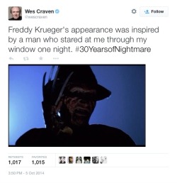 catiebat:  thefilmfatale:  Director Wes Craven reveals tons of awesome trivia about A Nightmare on Elm Street. Check out more on his Twitter page.  RIP 